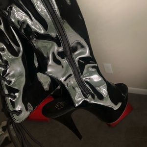 “PLEASER” Black Leather Knee High Heels